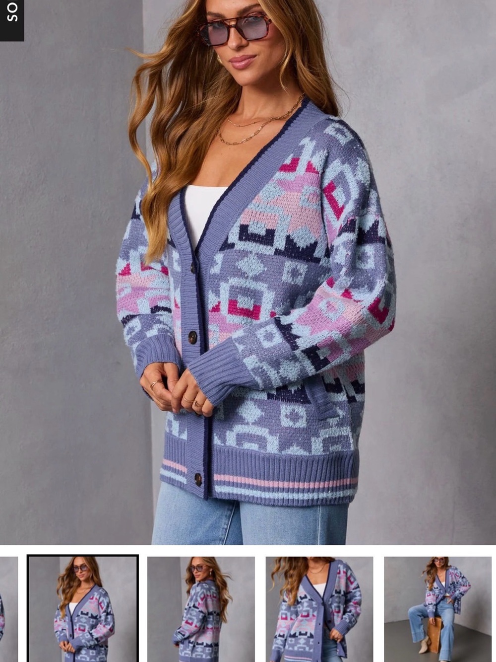 Vici Lavender Geo-Pattern Button Front Cardigan